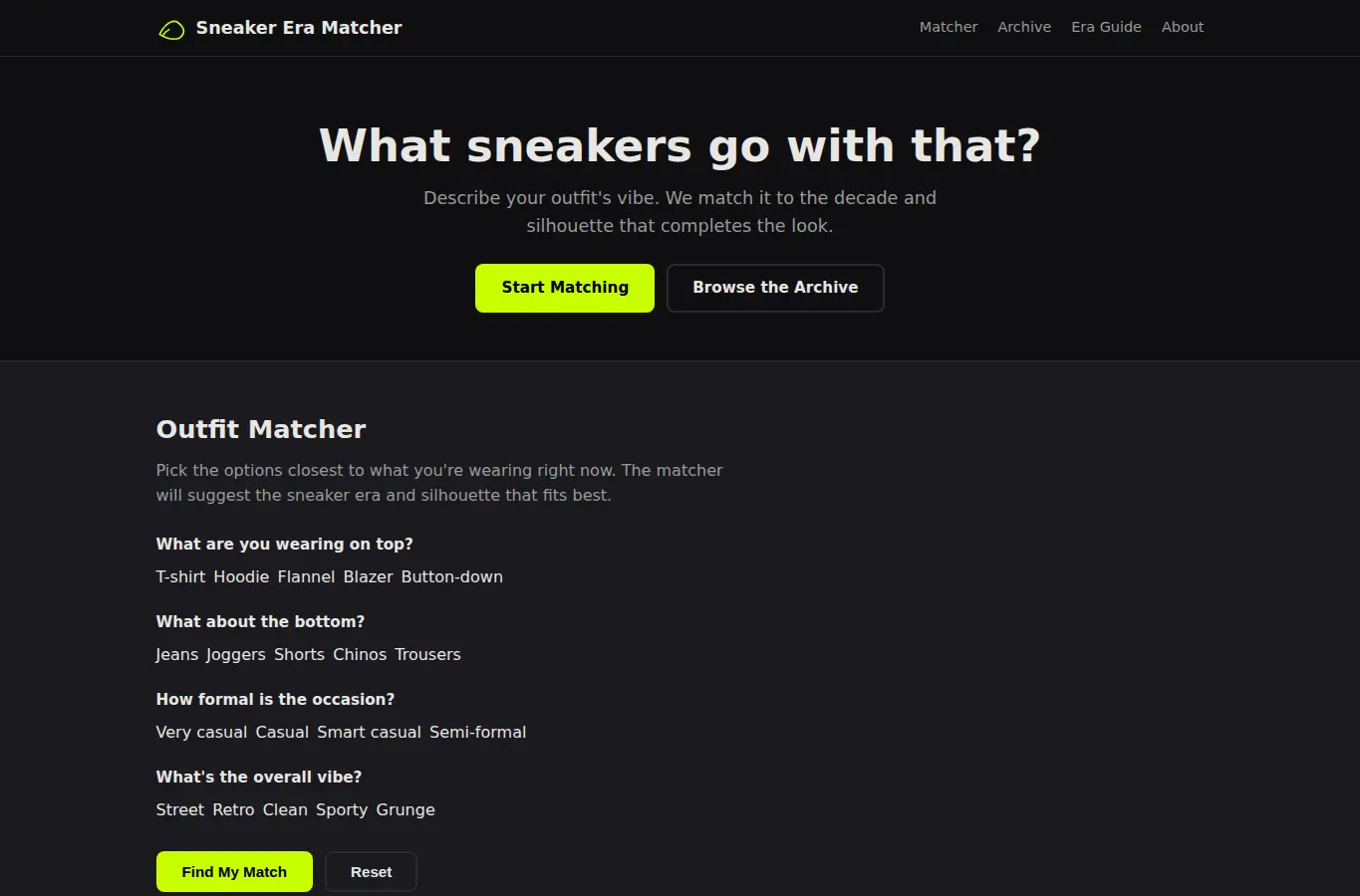 Screenshot of Sneaker Era Matcher interface showing the project page in use